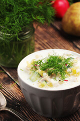 Russian traditional cold soup okroshka	