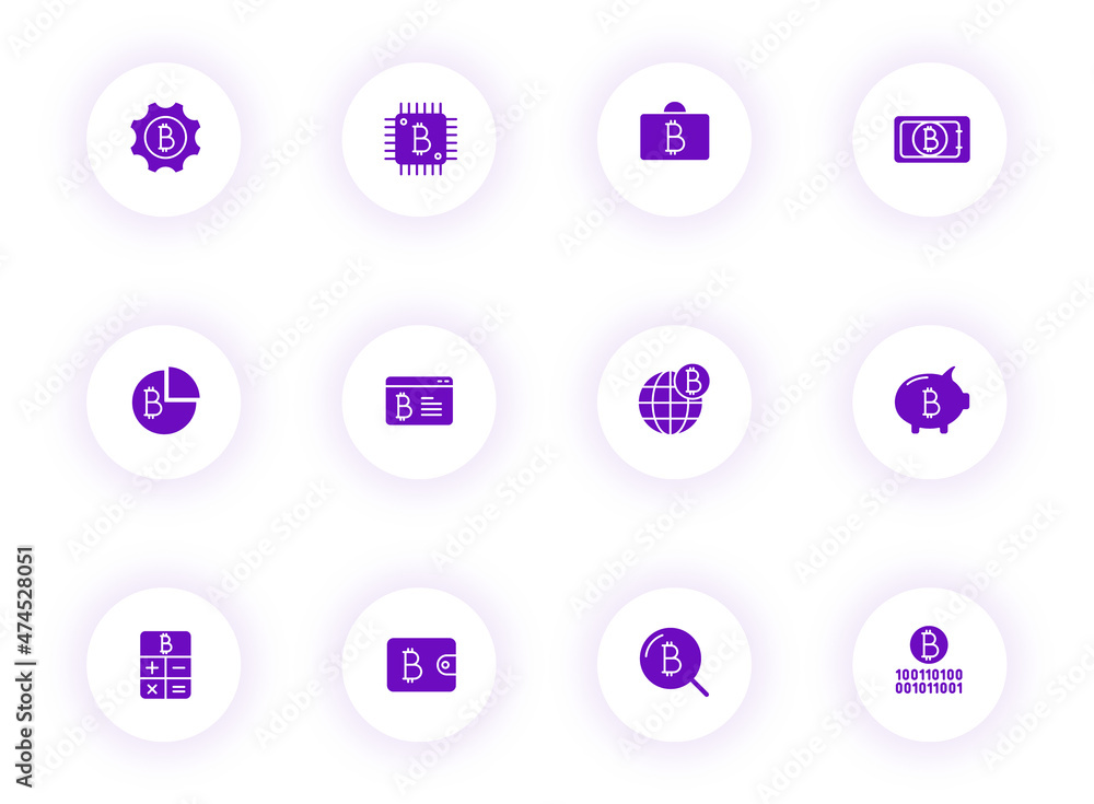 Aufkleber bitcoin purple color vector icons on light round buttons with purple shadow. bitcoin icon set for we
