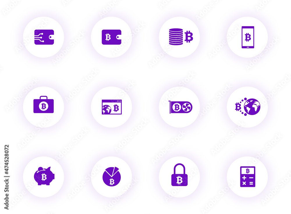 Poster bitcoin purple color vector icons on light round buttons with purple shadow. bitcoin icon set for we