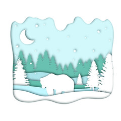 Bear in forest in the winter season with trees and snow as Paper art and digital craft style concept. Vector illustration.

