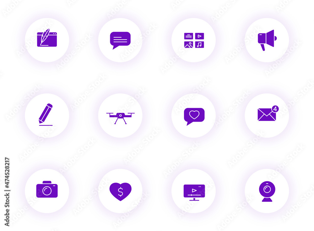 Poster blog purple color vector icons on light round buttons with purple shadow. blog icon set for web, mob