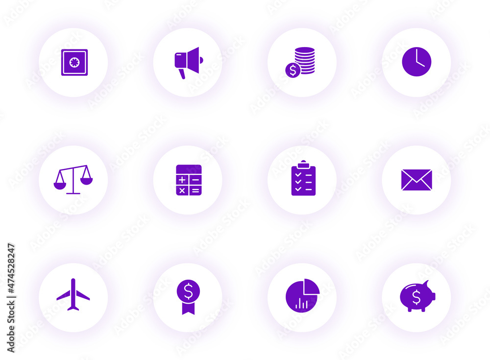 Poster business purple color vector icons on light round buttons with purple shadow. business icon set for 