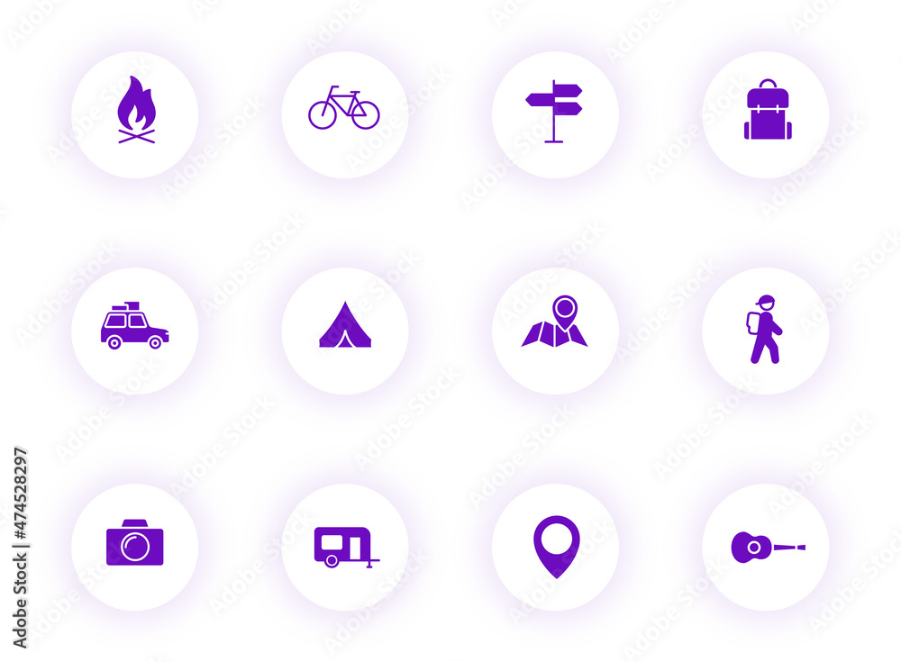 Poster camping purple color vector icons on light round buttons with purple shadow. camping icon set for we