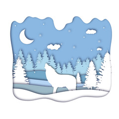 Wolf howels at the moon in forest in the winter season with trees and snow as Paper art and digital craft style concept. Vector illustration.