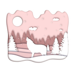 Wolf howels at the moon in forest in the winter season with trees and snow as Paper art and digital craft style concept. Vector illustration.