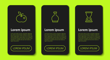 Set line Poison apple, Bottle with potion and Old hourglass. Business infographic template. Vector
