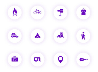 camping purple color vector icons on light round buttons with purple shadow. camping icon set for web, mobile apps, ui design and print