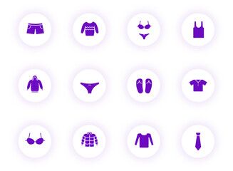 clothes purple color vector icons on light round buttons with purple shadow. clothes icon set for web, mobile apps, ui design and print