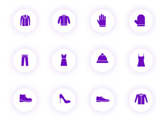 clothes purple color vector icons on light round buttons with purple shadow. clothes icon set for web, mobile apps, ui design and print