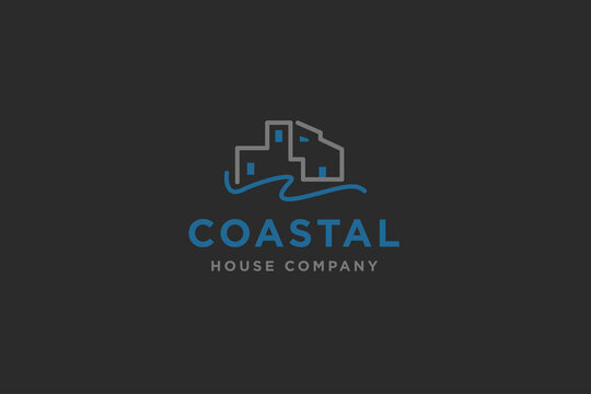 House,real estate with wave, coastal house logo design vector illustration.