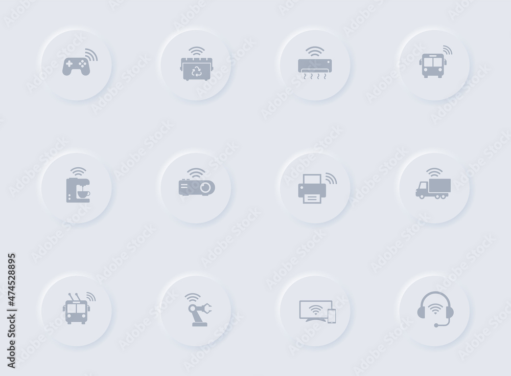 Poster internet of things gray vector icons on round rubber buttons. iot icon set for web, mobile apps, ui 