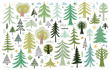 Vector set of tree and pine trees in scandinavian style. Forest elements. - 474528838