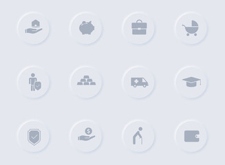 insurance gray vector icons on round rubber buttons. insurance icon set for web, mobile apps, ui design and promo business polygraphy