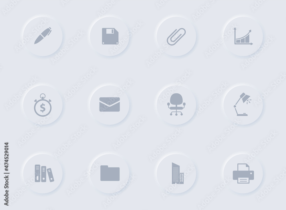 Poster office gray vector icons on round rubber buttons. office icon set for web, mobile apps, ui design an