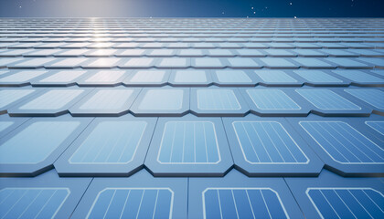 Fototapeta premium 3d rendering of solar or photovoltaic shingles in perspective on roof of home or house building. System technology to generate electrical power or direct current electricity by light at night.