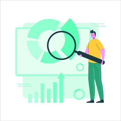 Report summary concept, man with magnifying glass looking at the graph