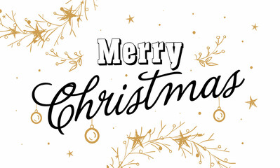 Merry christmas, happy new year lettering font text card. Typography inscription decoration poster type winter holiday art design tree circular wreath, old style snow. Illustration isolated background