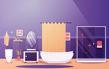 Clean Bathroom Interior Design Shower Bathtub Furniture Flat Illustration