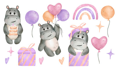 Hand drawn cute isolated watercolor set with hippo