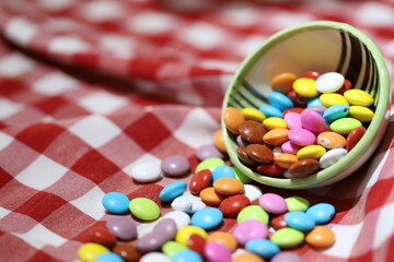 Various Nuts and dried fruits in wooden bowls