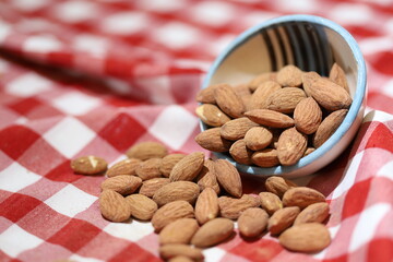 Various Nuts and dried fruits in wooden bowls