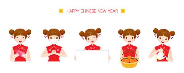 Obraz premium Girl With Activities On Chinese New Year, Holding Banner, Fruit Basket, And Envelope, Pouring Tea, Wearing Mask Protecting Covid19