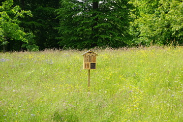 Insect hotel standing in a sunny field © Matthias