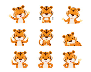 Fototapeta premium Cute Tiger Emoticons, Different Postures Set