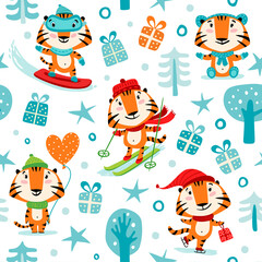 Seamless vector pattern with Christmas tigers, children's illustrations, snowflakes. Christmas 2022