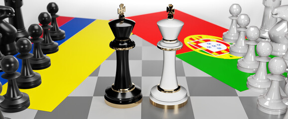 Colombia and Portugal - talks, debate, dialog or a confrontation between those two countries shown as two chess kings with flags that symbolize art of meetings and negotiations, 3d illustration