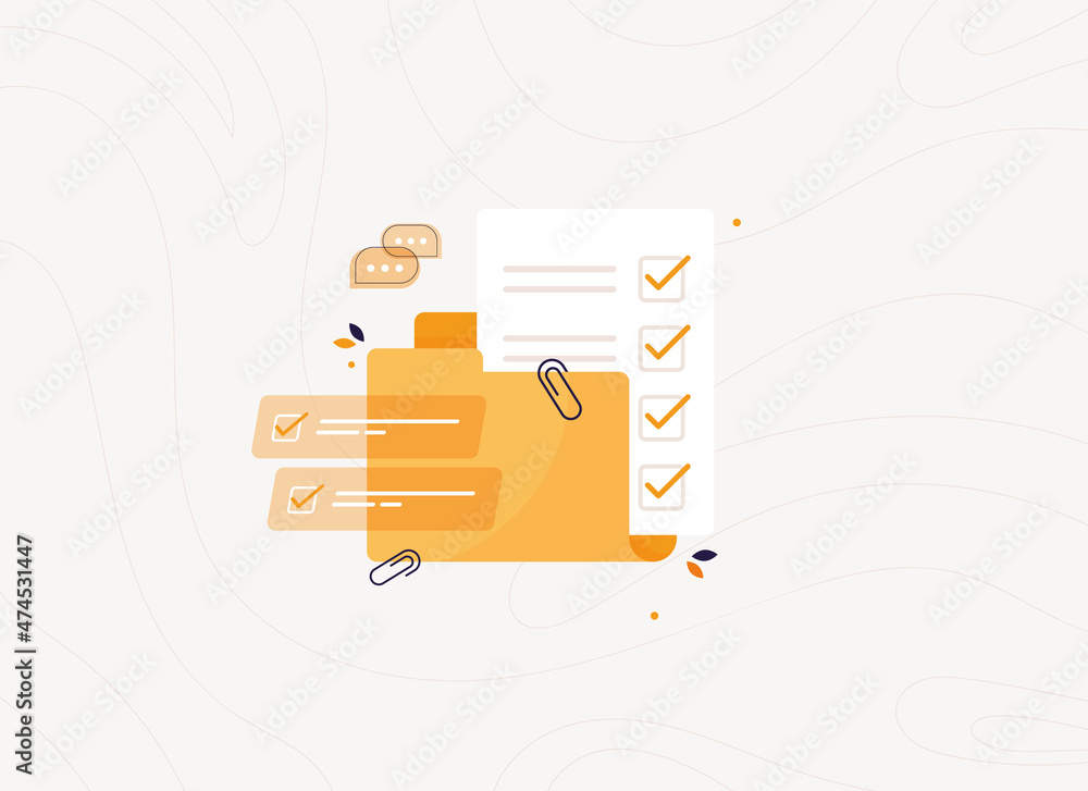 Poster open folder with completed task list. business document for work or exam. paper with check mark. pag
