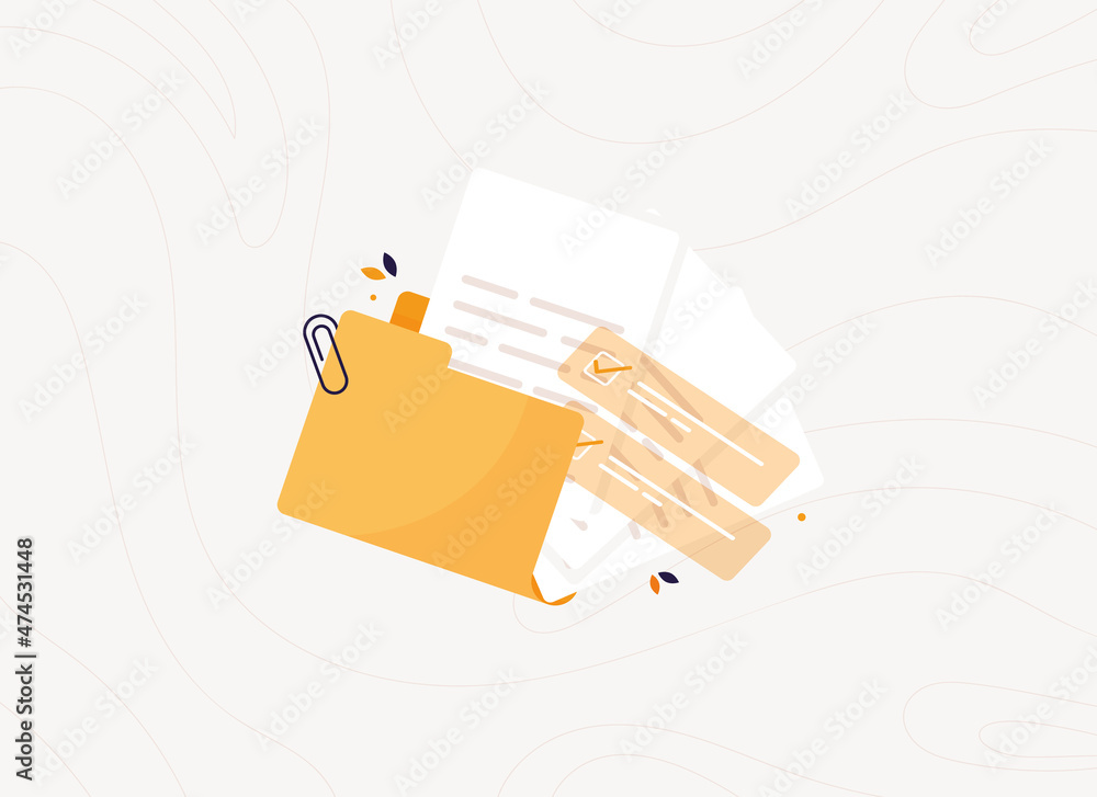Poster open folder with documents. completed task list. to-do list. business papers. prepared documents for