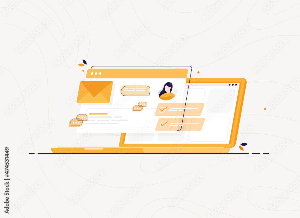 Poster computer laptop with open pages in social network. online correspondence. internet chat. letter sent