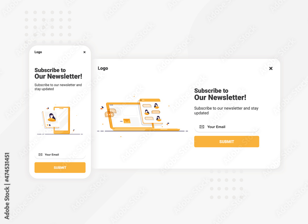 Poster subscription to newsletter pop up banner template for mobile and desktop version. landing page for w