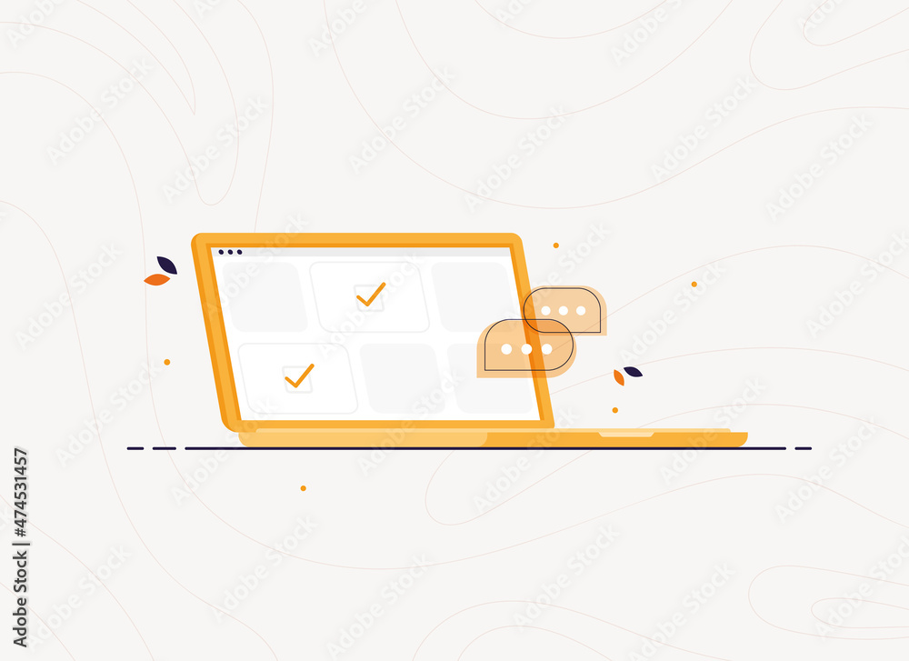 Poster laptop monitor screen with confirmed tasks. online work at the computer. distance learning. check ma