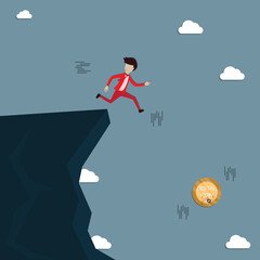 Flat design of business finance,Young man fell into the ravine while chasing the digital coin - vector