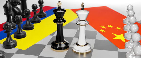 Colombia and China - talks, debate, dialog or a confrontation between those two countries shown as two chess kings with flags that symbolize art of meetings and negotiations, 3d illustration