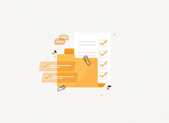 Open folder with completed task list. Business document for work or exam. Paper with check mark. Page of work performed, preparation of the questionnaire, filling out documents. Flat design