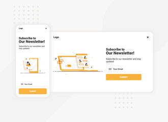 Subscription to newsletter pop up banner template for mobile and desktop version. Landing page for website. Mockup form. Flat design