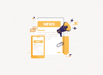 Online digital newspaper. Daily or weekly breaking news. Phone with megaphone and calendar. Flat design icon in cartoon style. Yellow press - obrazy, fototapety, plakaty