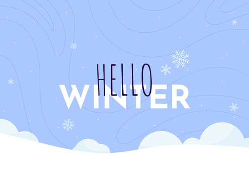 Hello winter greeting background. Holiday banner in flat design. Blue