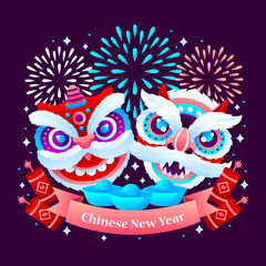 Gradient chinese new year illustration with bunch of icon in dark background