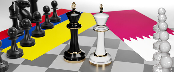 Colombia and Qatar - talks, debate, dialog or a confrontation between those two countries shown as two chess kings with flags that symbolize art of meetings and negotiations, 3d illustration