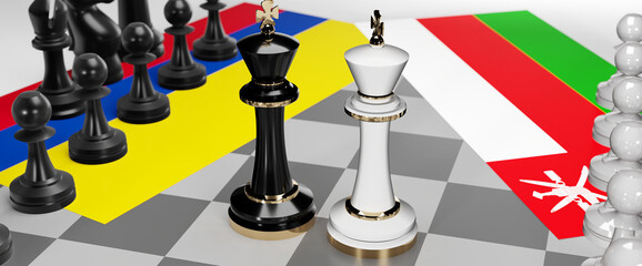 Colombia and Oman - talks, debate, dialog or a confrontation between those two countries shown as two chess kings with flags that symbolize art of meetings and negotiations, 3d illustration