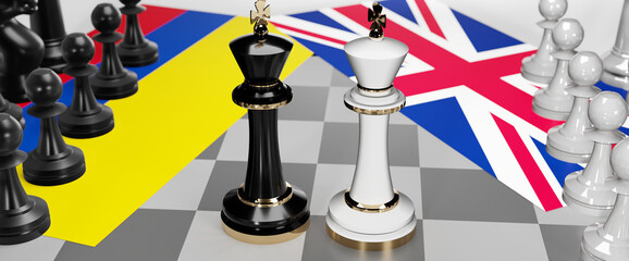 Colombia and UK England - talks, debate, dialog or a confrontation between those two countries shown as two chess kings with flags that symbolize art of meetings and negotiations, 3d illustration