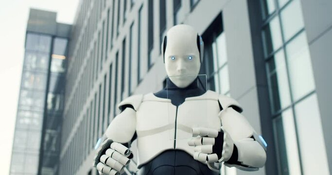 Robotic cyborg using innovative phone with efficiency data graphics animated on transparent touchscreen outdoor. Agriculture Technology and future concept