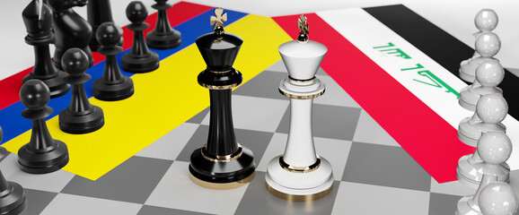 Colombia and Iraq - talks, debate, dialog or a confrontation between those two countries shown as two chess kings with flags that symbolize art of meetings and negotiations, 3d illustration