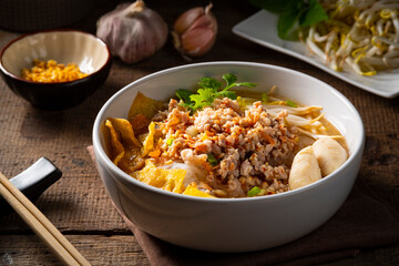 Tom Yum Noodles with Minced Pork.popular hot and sour soup in Thailand