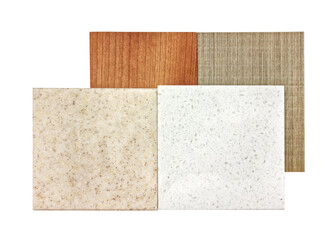 grainy quartz stone samples matching color with oak and ash wooden veneer samples, isolated on white background with clipping path. interior mood and tone board for presentation.