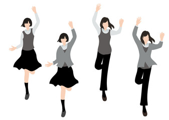 イラスト素材：ジャンプして喜びを表現した女子生徒のセット（ブレザーとベスト）